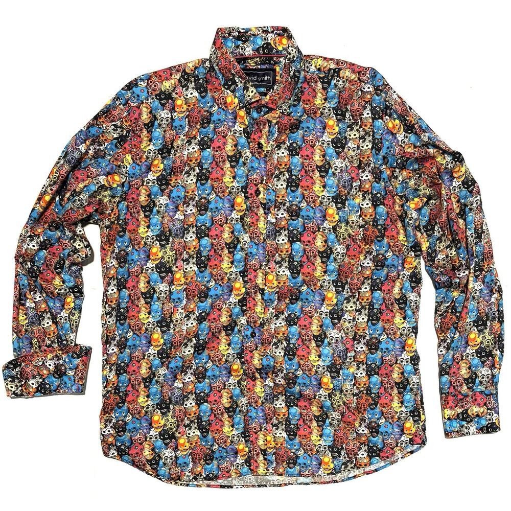 David Smith Shirt Mens Sz XL Sugar Skulls Bright Colors Button Up Classic Fit
